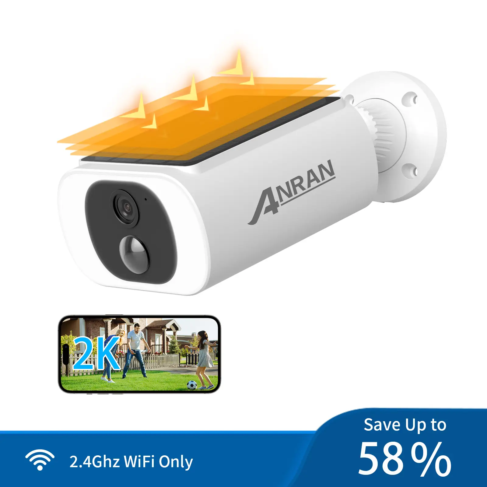 ANRAN 2K Solar Camera Outdoor,100% Wireless Home Security Camera,Support 2.4G WiFi,Color Night Vision,2 Way Audio,PIR Motion Detection,IP65 Waterproof