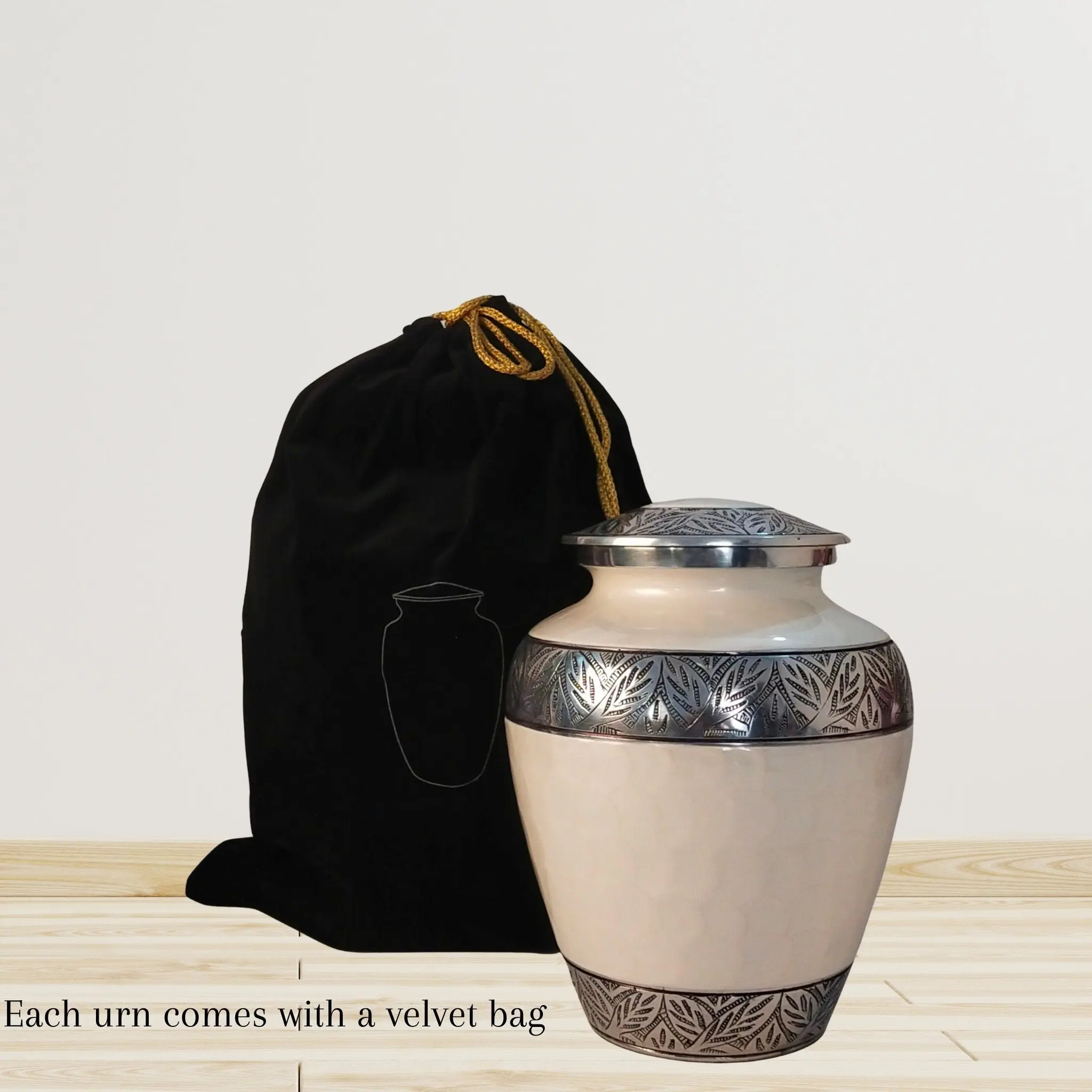 Etched Leaves Handcrafted Large Adult Cremation Urn for Human Ashes — With Velvet Bag