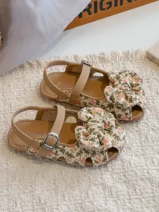 Girls' Floral Bow Sandals, Soft Material, Non-Slip Durable, Buckle Closure, Flat Sole, Vintage Style, Summer Daily Wear, Floral Design Sandals, Bow Decorated Sandals, Flower Print Sandals