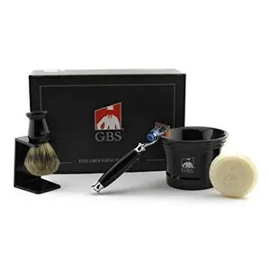 GBS Men's Classic Shaving Set in Gift Box - 5 Blade Razor, Ceramic Mug, All Natural Soap, Pure Badger Brush + Stand - For the Ultimate Old Fashioned Wet Shaving Experience Facial Handle