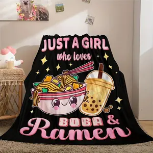 Just A Girl Who Loves Ramen Noodles Blanket, Cartoon Ramen Noodles Pattern Soft Blanket, Warm Nap Throw Blanket for Home Office Travel, Flannel Throw Blanket