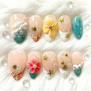10pcs Handmade Almond Nails 3D Wave Design Press on Nail Set, Salon Grade Glossy Shell Inlay Floral Embossed,Acrylic False Nail Reusable   Easy to Wear for Parties, Daily & Dancing, Nail Kit, Nail Art Tool Wedding Bridal Nail Kit Nail Art