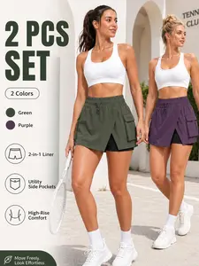Women's 2-Pack Casual Sporty Layered Shorts, Multi-Pocket Workwear Skirt, Ideal for Outdoor Activities, Hiking, Golfing, Skorts Set