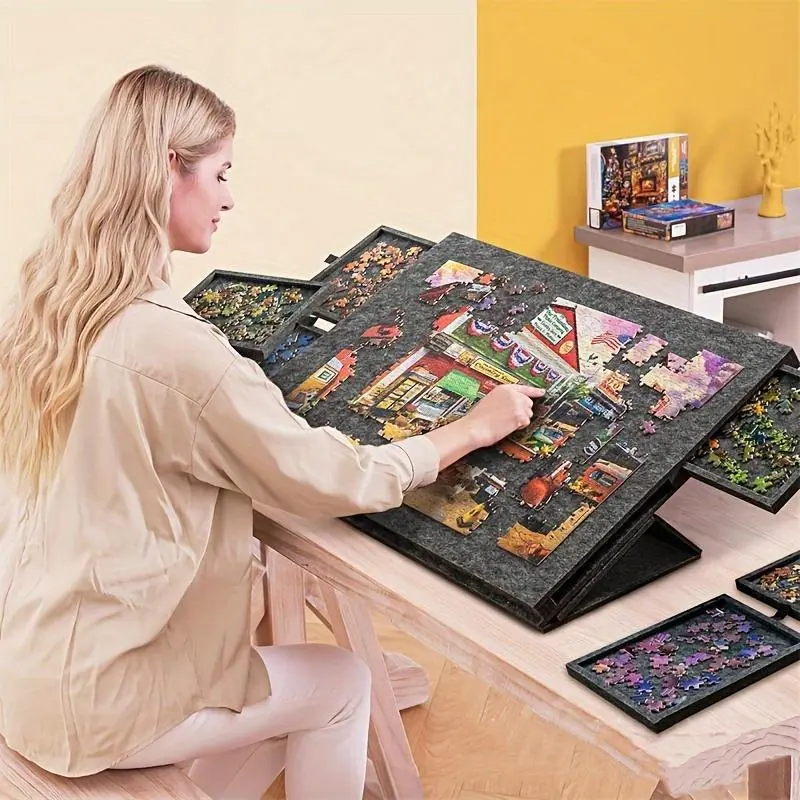 US-Made 1x Foldable Jigsaw Puzzle Workstation Board - 6x Integrated Sorting Drawers, Tilting Adjustable Stand, Matte Felt Surface, 2.4" Closed Thickness, Puzzle Board Shelving & Storage for Family Game Night, Ergonomic Angle Correction, 6 X Integrated Sor