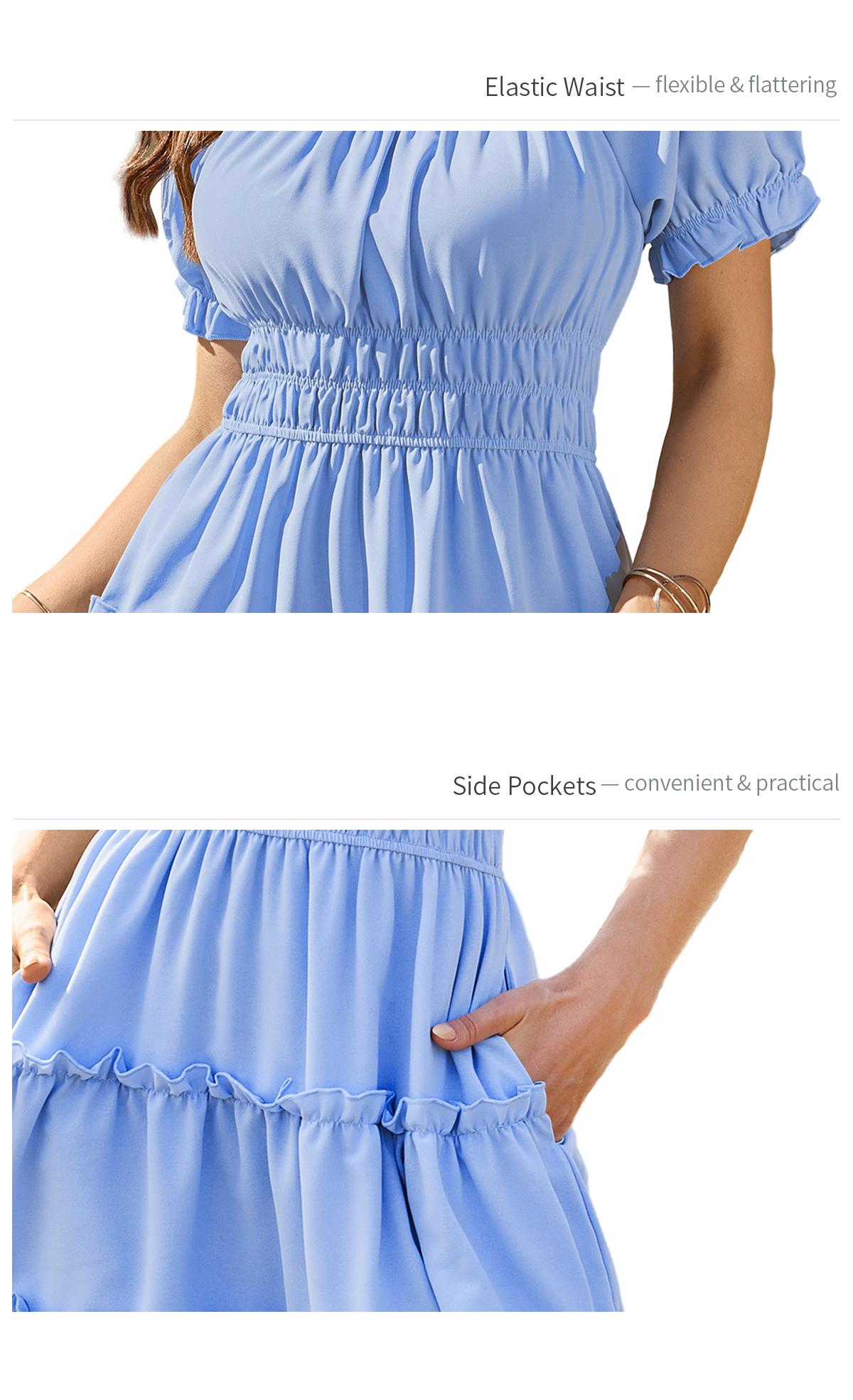 Chicovar Women's Boho Smocked Waist Mini Dress Puff Short Sleeve Tiered Ruffle Flowy Summer Beach Party Dress,Easter dress Shortsleeve