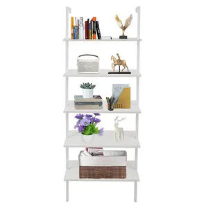 5-Shelf Wood Ladder Bookcase with Metal Frame, Industrial 5-Tier Modern Ladder Shelf Wood Shelves,White