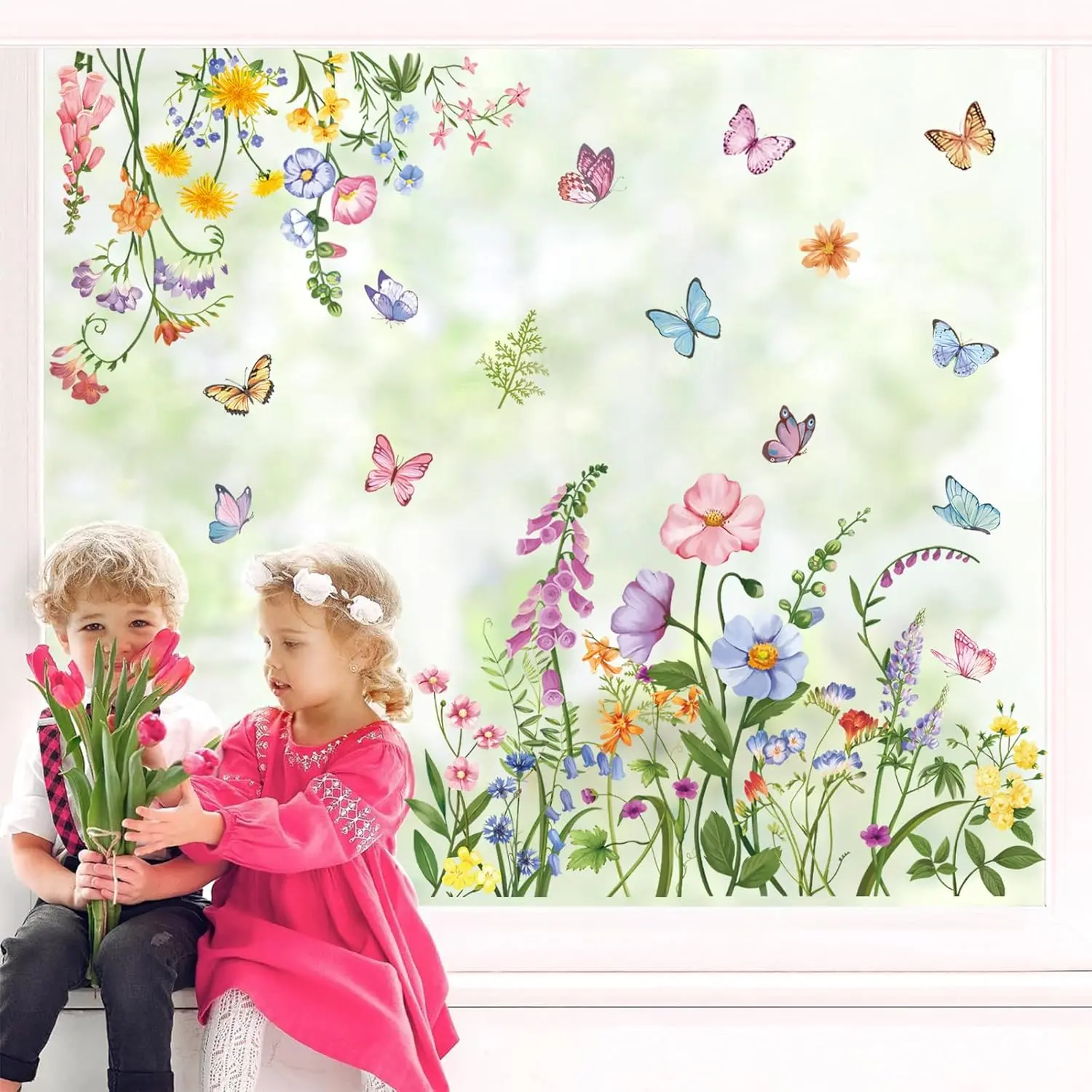 Spring Garden Flower Window Clings Poppy Floral Butterfly Glass Decal Anti  Double-Side Static Window Stickers for Home Glass Window