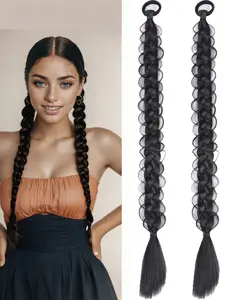 2Pcs Braided Ponytail Extensions with Hair Ties 24 Inch Soft Synthetic Hair Pieces for Women Girls Daily Wear(1B)