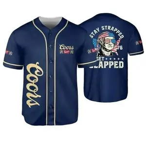 Banquet Stay Strapped Or Get Clapped 1776 George Washington Navy Blue Baseball Jersey, Patriotic USA Flag Beer Shirt, Funny Meme Drinking Outfit, Mens Summer Button Down Streetwear Sport Top