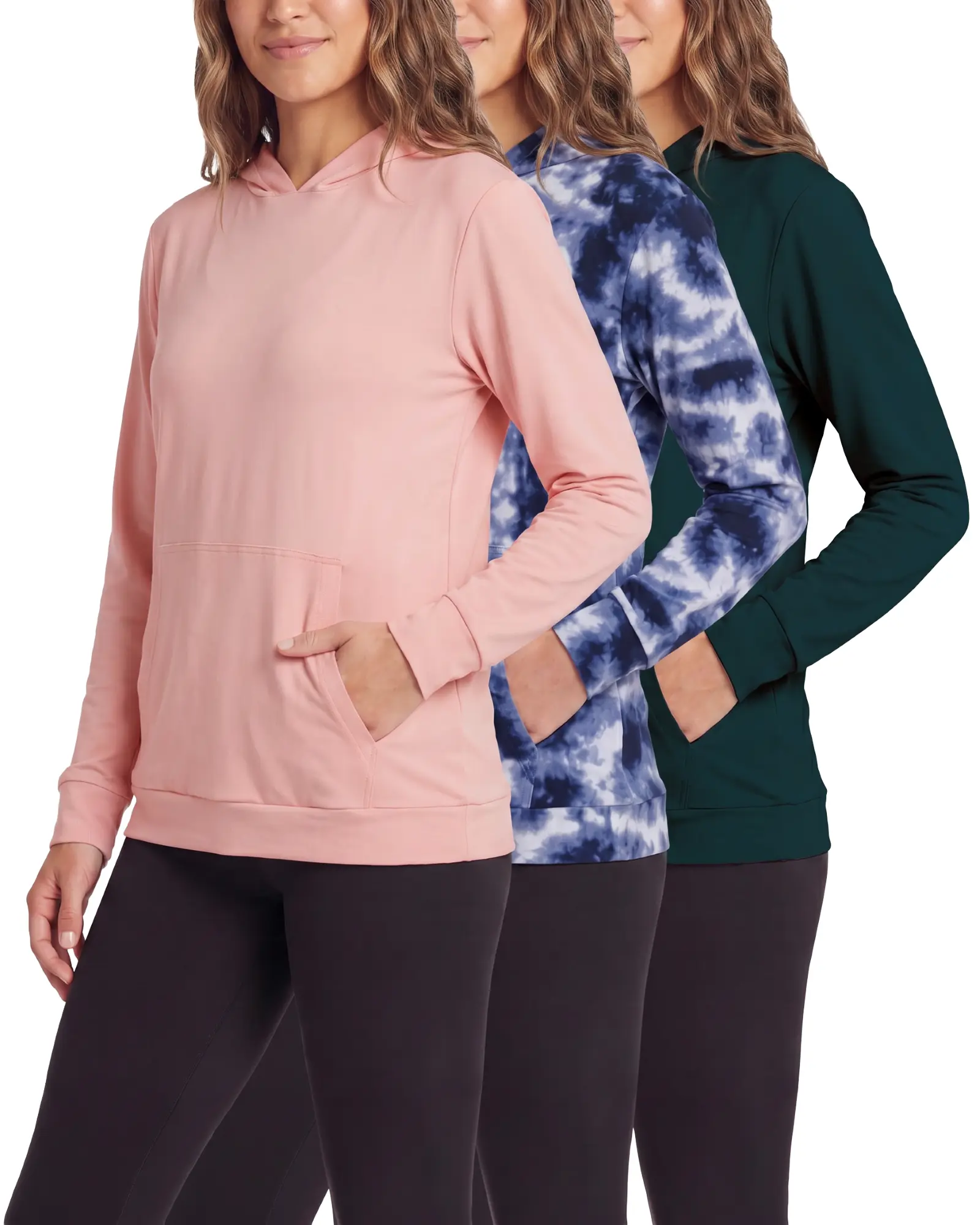 Real Essentials 3-Pack Women's Dry Fit Long-Sleeve Hoodie Pullover with Pocket, Active Lounge Wear (Plus Sizes Available)