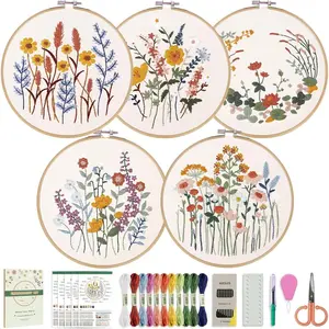 SQ-HDJ049 5 Pack Beginner Embroidery Kit for Adults, Easy to Learn Floral Embroidery Patterns from Instruction, Needlepoint Kits for Adults Include Embroidery Hoop, Colorful Threads, Tools