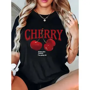 Women's Black Cherry Graphic T-Shirt Casual Short Sleeve Top with Red Cherry Print & 'CHERRY' Text for Daily, Summer & Parties 100% Cotton T-shirt