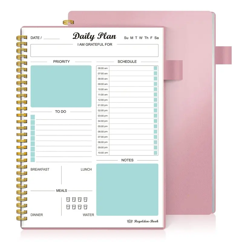 Daily Planner Undated, To Do List Notebook with Hourly Schedule Calendars Meal, Spiral Appointment Organizers Notebook for Man/Women, Pocket, Pen Loop, 160 Pages