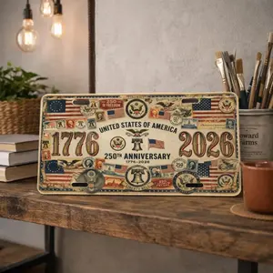 America 250th Anniversary License Plate, Vintage Patriotic USA Vanity Tag 1776–2026, Retro Americana Car Decor Gift for Independence Day
