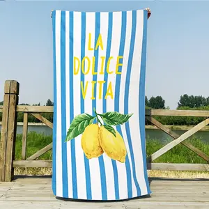 Blue Striped Lemon Print Quick-Dry Beach Towel, Non-Shedding Pool Swim Absorbent Bath Sheet, Portable Vacation Towel