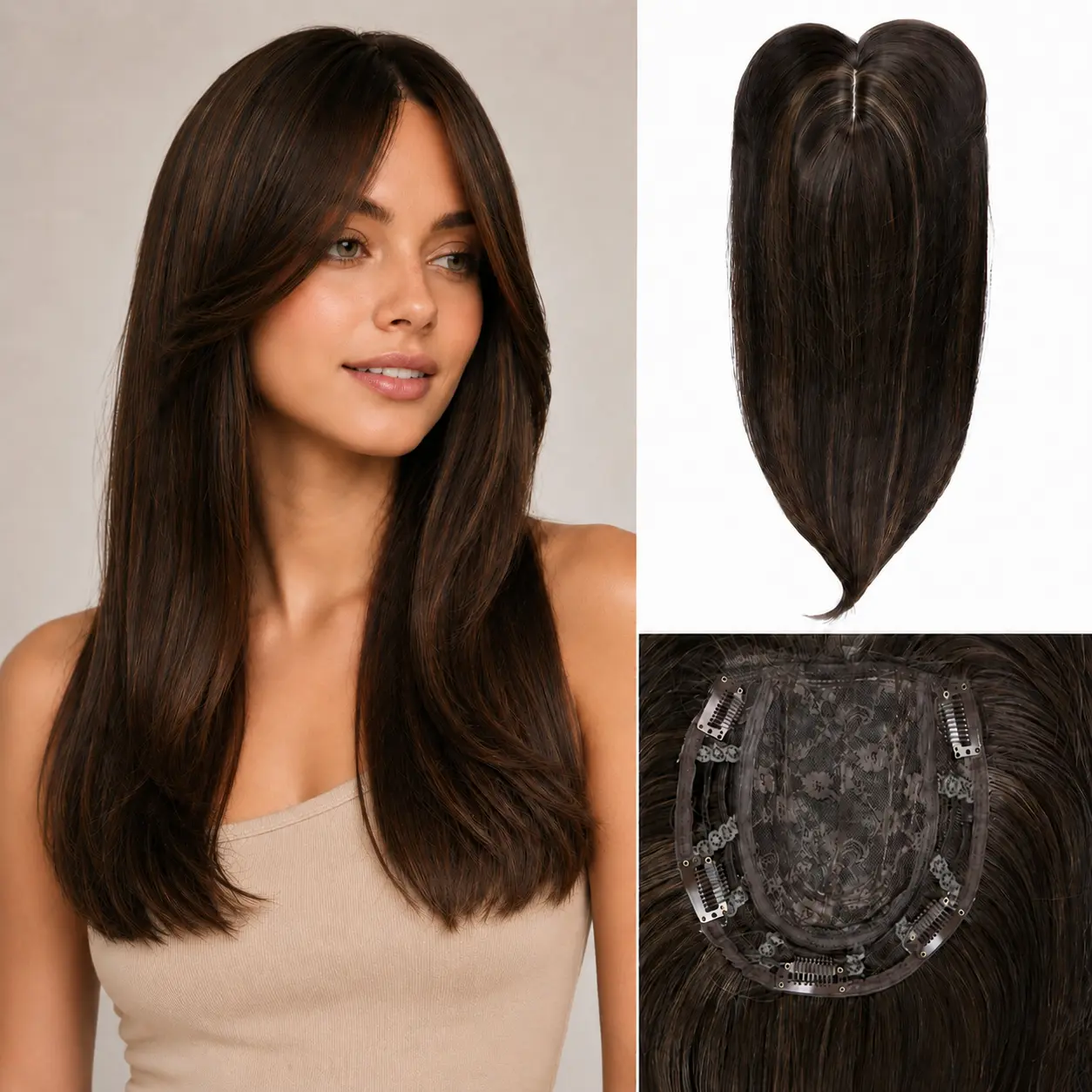 18 Inch Layered Hair Topper for Women with Thinning Hair, Synthetic Curly Wavy Clip-In Topper with Wispy Bangs Natural Looking Hair Piece for Wide Parting&Partial Hairloss&Cover
