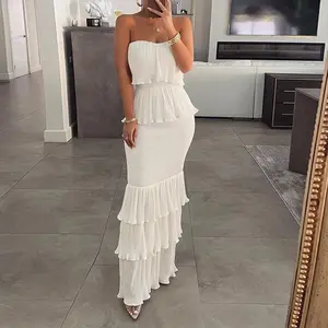 ChicMe Women's Bandeau Shirred Valentine's Day Ruffle Hem Layered Dress for Wedding & Wedding Guest