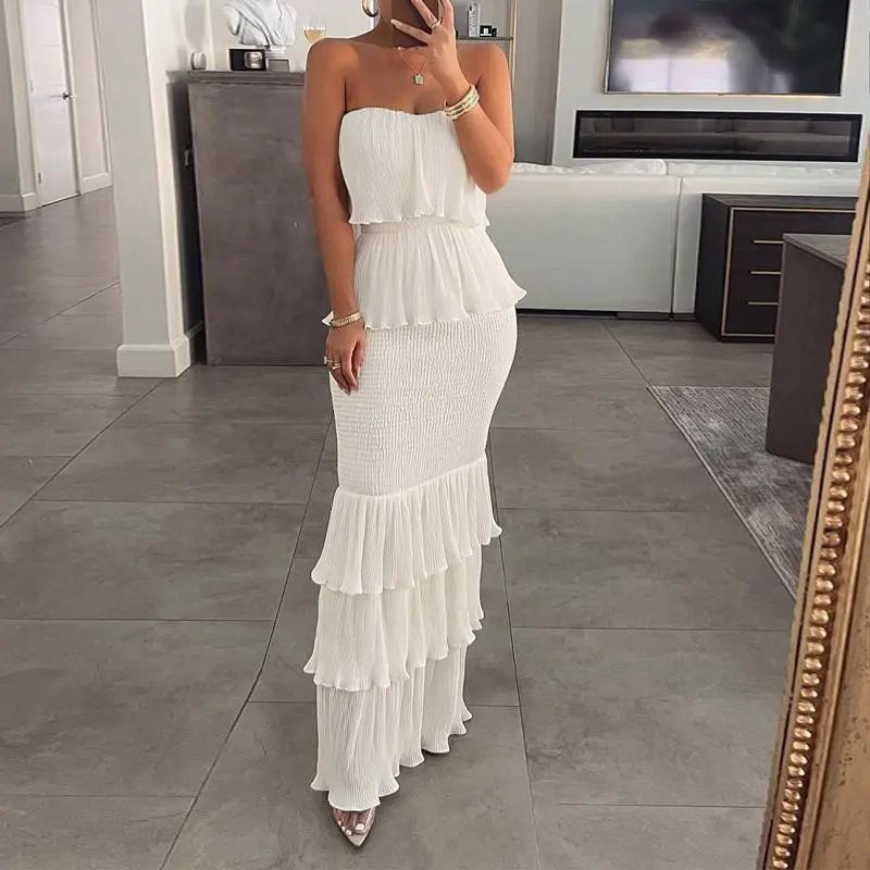 CHICME Women's Strapless Strappy Bandeau Dress - Polyester, Skinny Fit, Lightweight, Shirred Ruffle Hem, Layered Formal Wear, Elegant Women's Clothes, Dress for Wedding Guest