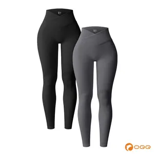 Women's 2 Piece High Waist Cross Over Yoga Ribbed Seamless Workout Athletic Tight Fitting Leggings Pants Gym Outfits