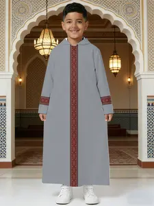 Boys Light Hooded Ethnic Embroidered Robe, Arabic Traditional Clothing, Prayer Wear, Moroccan Kids Fashion