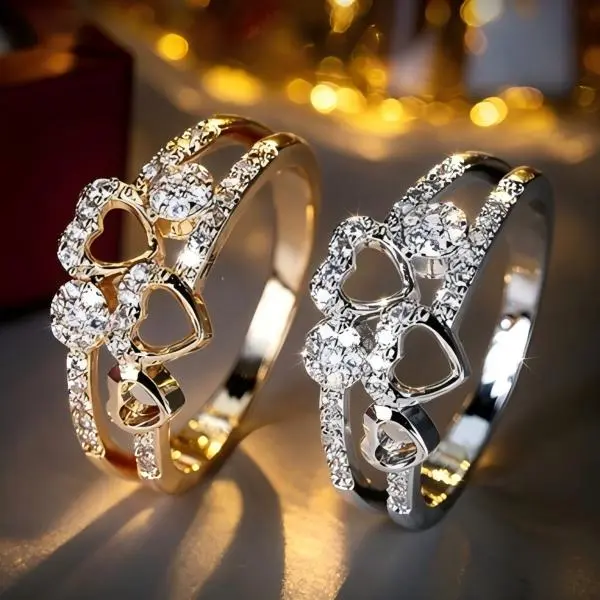 Sweet Dating Outfit Accessory Multi- Band Heart Pattern Paved Crystal Ring Sentimental Holiday Proposal Statement Hand Decoration For Her