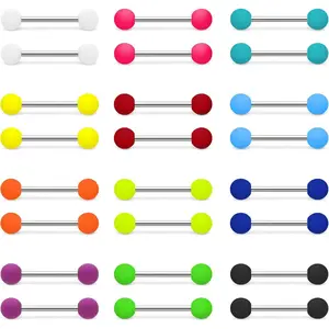 24PCS Acrylic Tongue Rings Plastic Rubber Nipple Rings Neon Colorful Pink White Green Yellow Black Orange Teal Matte Balls Sexy Barbell Piercing Jewelry For n Men 14G
