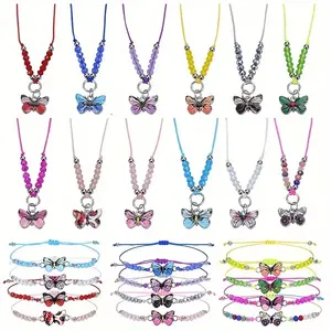 24pcs Crystal Adjustable Friendship Jewelry Set - Elegantly Designed Colorful Butterfly Beaded Bracelets And Necklaces For Everyday Wear, Gift-giving, Party Accessories, School