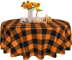 60 Inch Black and Orange Buffalo Plaid Round Tablecloth Cover Mat for Kitchen Party Dinner Tabletop Decoration