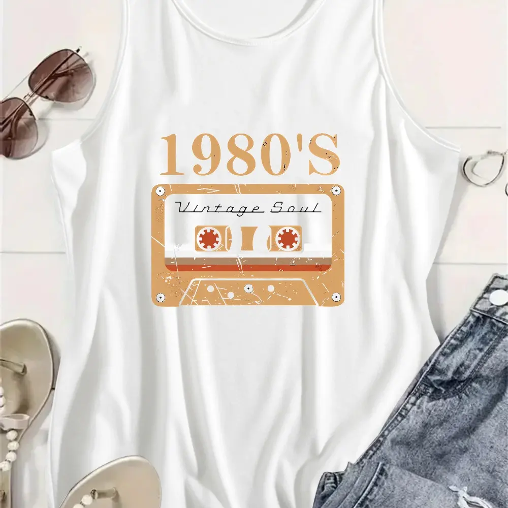 Women's Retro 1980s Soul Graphic Racerback Tank Top, Soft Stretch Spandex Blend, Casual Moisture-Wicking Top for Summer Beach