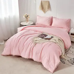 5 Pcs Pink Pom Pom Comforter Twin Size Aesthetic Boho Pom Fringe Bedding Set with Sheet Ultra Soft Lightweight Farmhouse Bedding Quilt Set for Girls Kids(Pink, Twin)