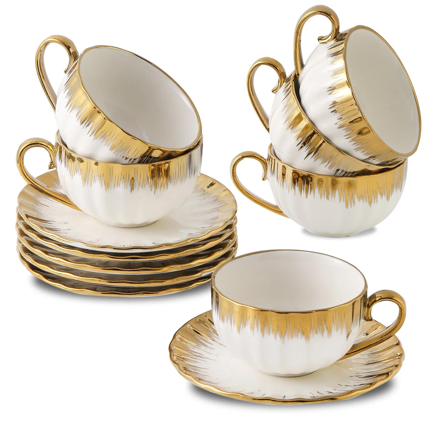 LETAOTAO 7 oz Porcelain Double Espresso Gold Trim Turkish Coffee Cups 6 Cafe  Saucers Tea Cups Saucers