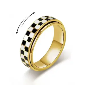 Stainless Steel Checkered Rotating Adjustable Stress Relief Ring for Unisex Casual Daily Wear Simple Chessboard Design Jewelry