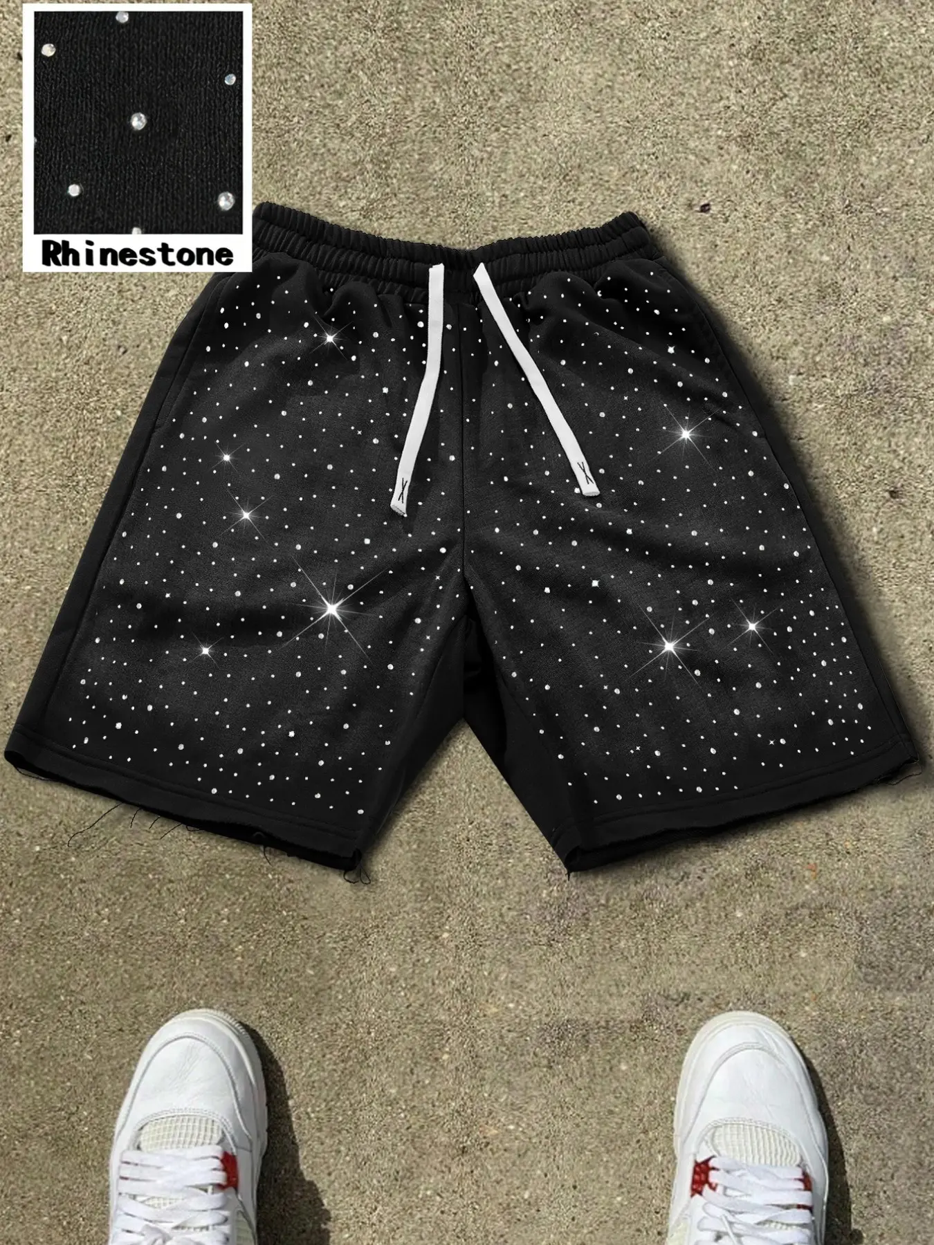 Men's Casual Sporty Fit Drawstring Waistband Shorts with Full Rhinestones, Sparkling Glitter Effect, Drawstring Waist, Comfortable Fabric, Perfect for Nightclubs and Parties