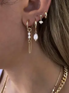 Women's Elegant Single Ear Cuff & One-Ear Ring, 4 Pairs Pearl Dangle Earring Stack, Trendy Drop Chain Design, Multi-Piercing Dainty Jewelry, Earcuffs, Earring Stacking Set