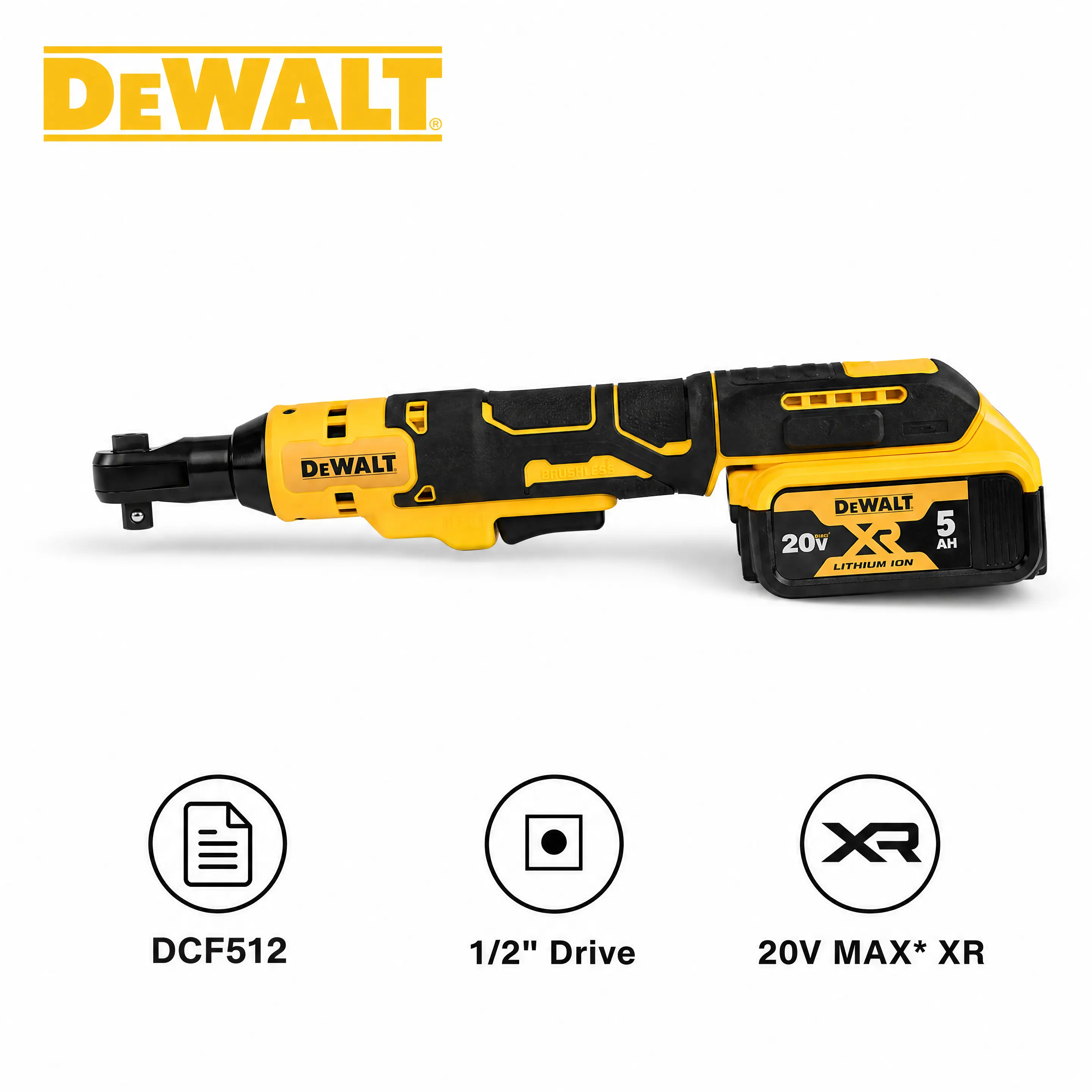DEWALT DCF512 20V MAX Cordless 1/2 Inch Brushless Ratchet Wrench Kit for Industrial Machinery Servicing, Compact Fastening Power Tool Features 250 RPM Speed Matrix Designed for Efficient Bolt Drive Tasks