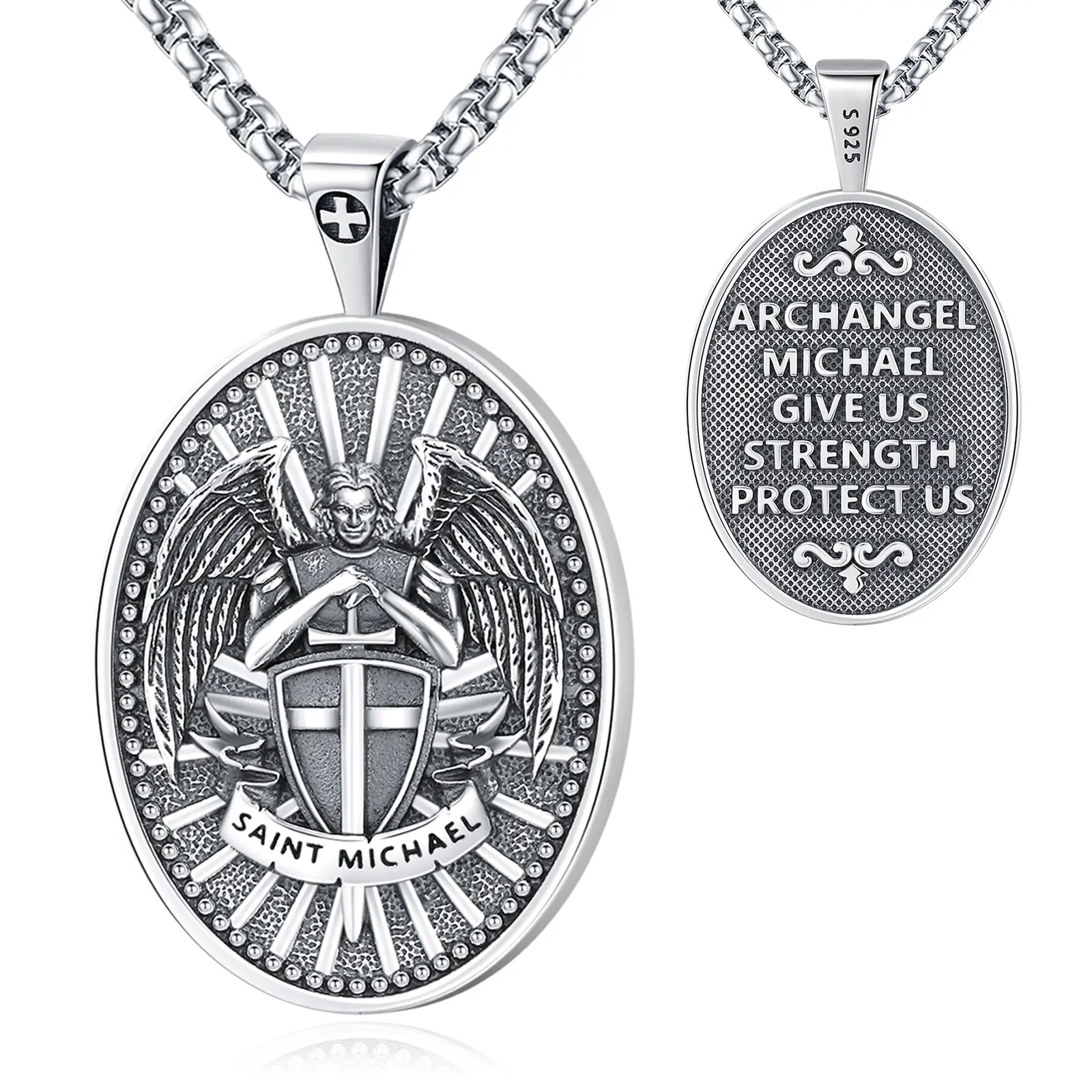 DRINSPER S925 Saint Michael Necklace Archangel Michael Amulet 925 Sterling Silver Pendant St Michael Necklace for Men
