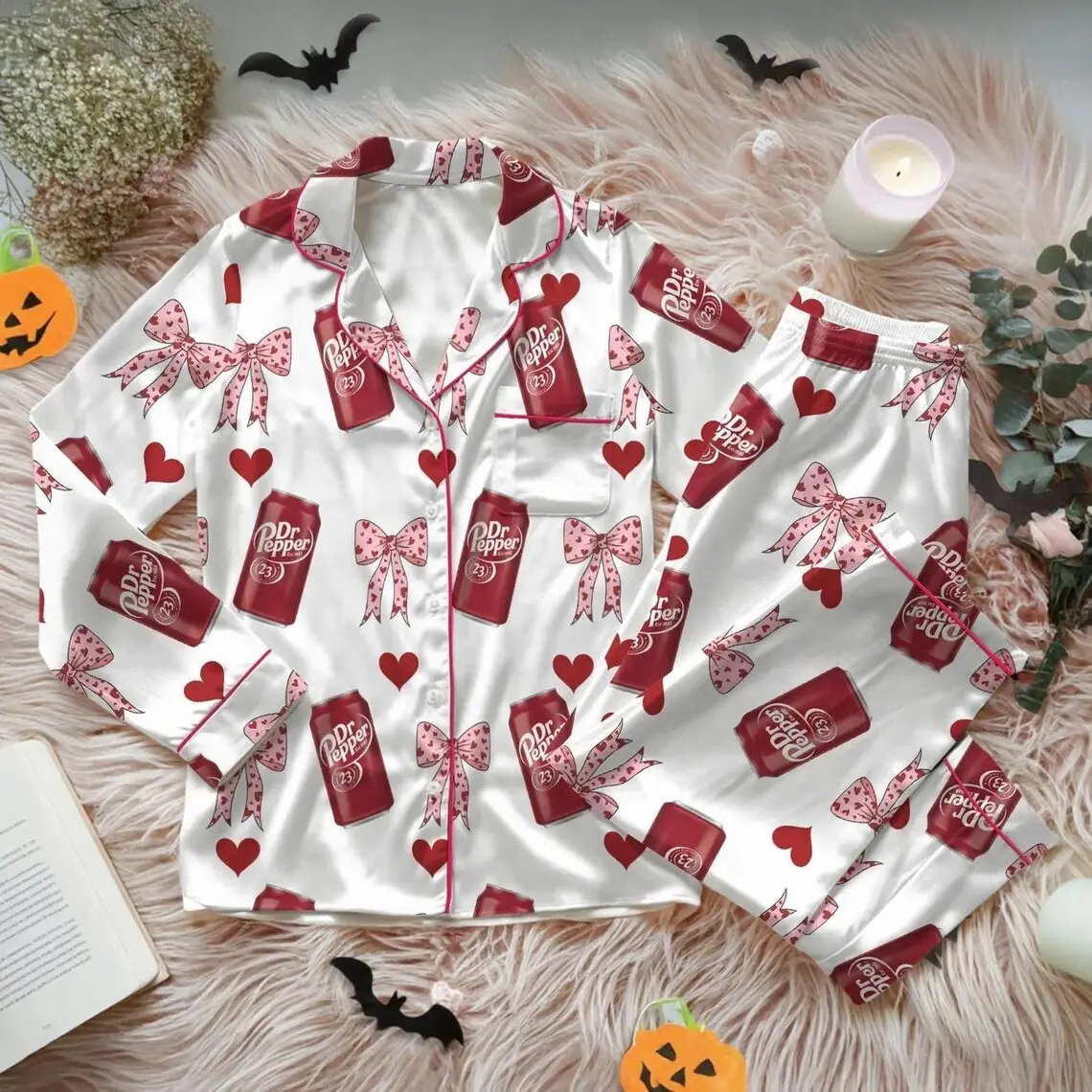 Coquette Dr P0pper White Heart Bow Pajamas Set, Pepp0r Soda Lover Pajamas, Diet Drink Pajamas, Coquette Diet Drink Sleepwear Women
