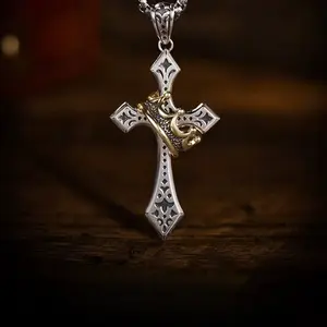 Cross Fashion Everyday Stainless Steel Crown Jewelry Necklace with Cross Design, 60mm Pendant Height, 28mm Pendant Width, Daily Accessory