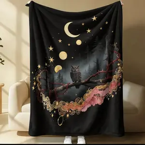 Dark Owl & Moon Star Blanket, Dark Fantasy Celestial Throw, Multi-Use Blanket, Sofa Blankets, Nap Blankets, Bedroom Decorative Blankets, Suitable for Bedrooms, Living Rooms, Dormitories & Studies