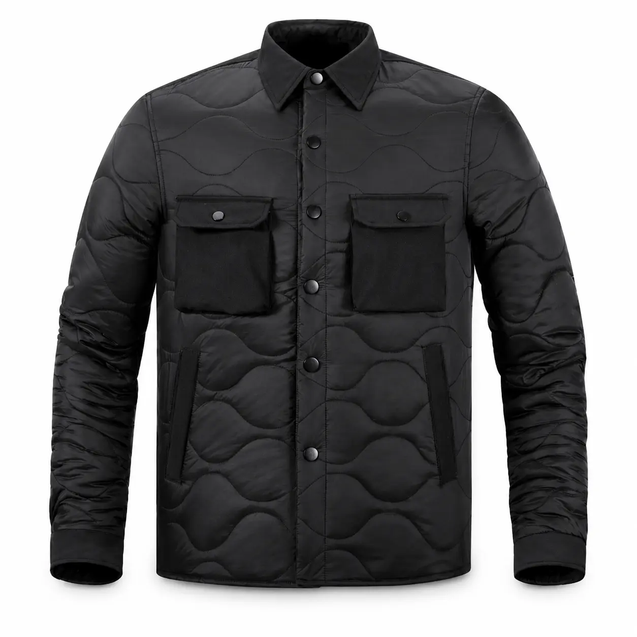 Men's Black Quilted Shirt Jacket, Lightweight Padded Shacket with Snap Button Front, Dual Flap Chest Pockets & Side Pockets, Casual Collared Outerwear for Fall Winter, Work, Travel, Commute, Streetwear, Everyday Layering and Modern Casual Style