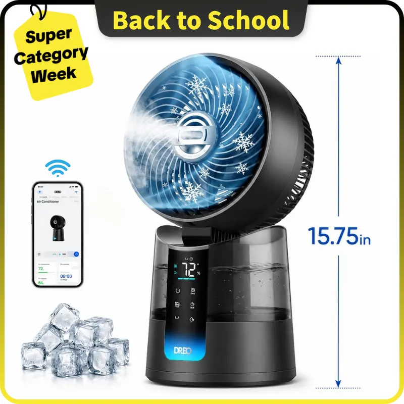 DREO TurboCool 516S Compact Multifunction Desk Portable Fan - Adjustable Cooling High Velocity Evaporative Air Cooler, 150°+30° Omni-Directional Oscillation, 26 ft/s Ultrafine Mist, 20dB Quiet, 6 Speeds, 2 Modes, Remote & App Control, RGB Lighting, Grey,