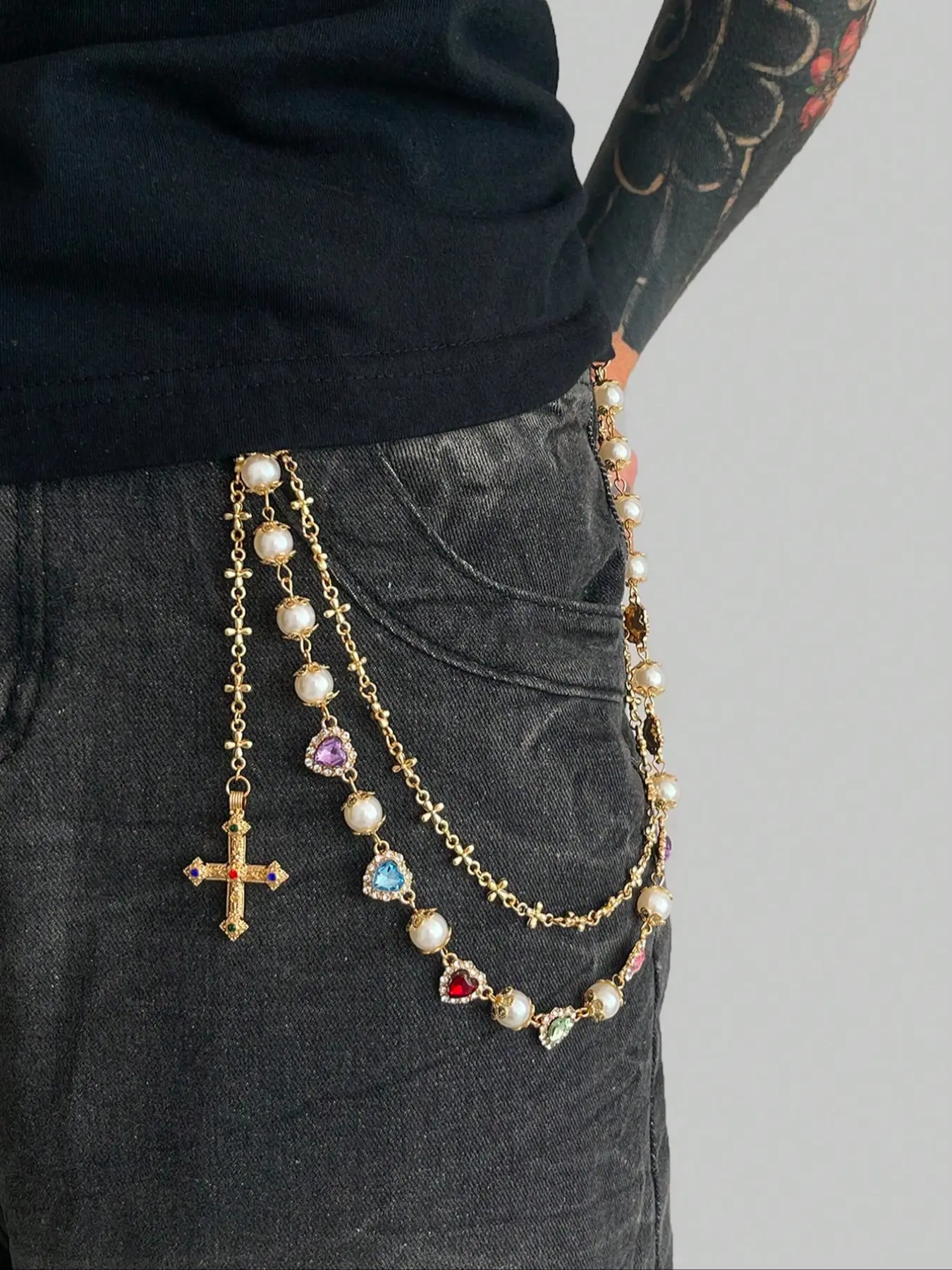 Vintage Glamorous Multi-Color Rhinestone Imitation Pearl Pants Chain, Men's Unique Punk Aesthetic Cross Design Hip Hop Cross Body Chain for Stylish Decoration, Unique Accessory, Bling Chain, Body Jewelry