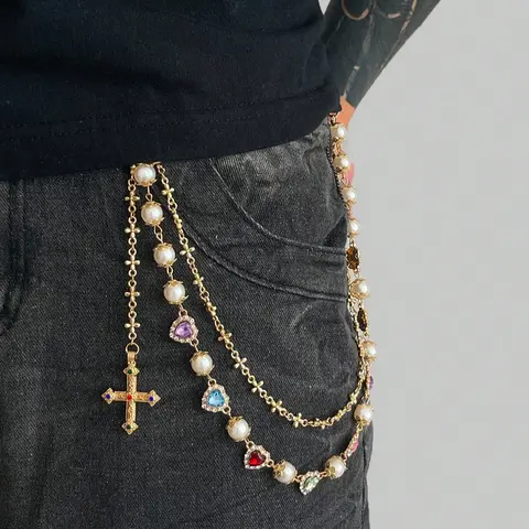 Vintage Glamorous Multi-Color Rhinestone Imitation Pearl Pants Chain, Men's Unique Punk Aesthetic Cross Design Hip Hop Cross Body Chain for Stylish Decoration, Unique Accessory, Bling Chain, Body Jewellery