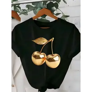 2026 Spring/Summer New Women'S Crew Neck Golden Cherry Print Casual T-Shirt | Fashionable Cool Short Sleeve for Summer,Fun Valentine's Day T-shirts – a top choice for personal enjoyment or as a gift for friends.