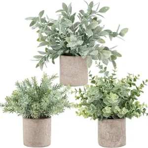 3 Pack Mini Potted Fake Plants, Artificial Plastic Eucalyptus Plants, Artificial Ferns, Faux Plastic Plants, Topiaries for Home Office Desk, Farmhouse Room Bathroom Decor