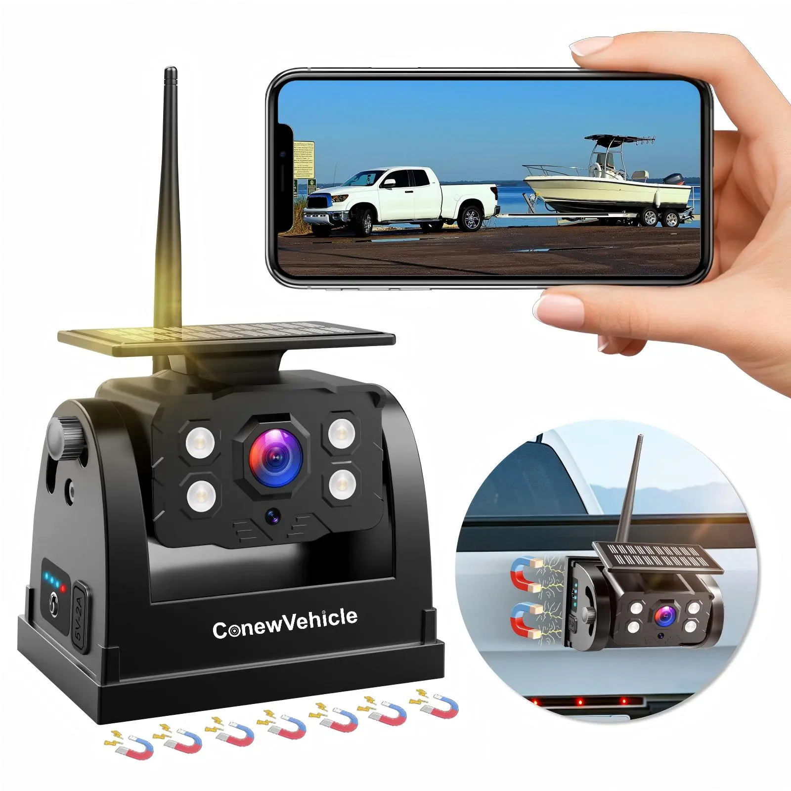 ConewVehicle WiFi Magnetic Solar Wireless Backup Camera for Truck RV Trailer,App for Phone iOS Android,10500mAh Long-Battery Life,1080P Clear Rear View,BSD,DVR Recording,Night Vision,IP69 Waterproof,1 Min Installation