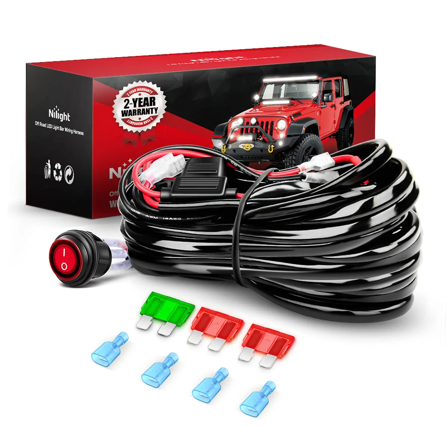 Nilight LED Light Bar Wiring Harness Kit - 2 Leads 12AWG Heavy Duty 12V On Off Switch Power Relay Blade Fuse for Off Road LED Work Light Truck, 12 Awg Wire Gauge, 12 Volt Compatibility