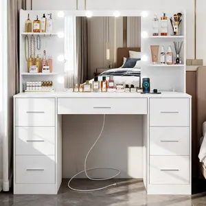 Modern LED Makeup Vanity Desk with 7 Drawers, Power Outlet, Adjustable Brightness, Easy Assembly, Durable Construction, Ideal for Bedroom