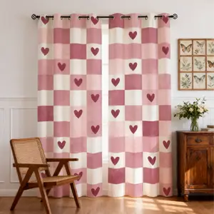 Checkered Heart Blackout Curtains, 2 Panels, Cute Heart Printed Design, Light Blocking & Privacy Protection, Suitable for Teens and Adults Bedrooms, Living Rooms, Aesthetic Home Decoration, Perfect Gift Choice