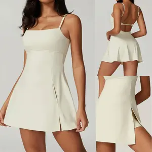 Womens Spaghetti Strap Tennis Dress with Shorts Workout Side Slit Active Golf Dresses sleeveless tennis solid backless Compression Garment Crop Top